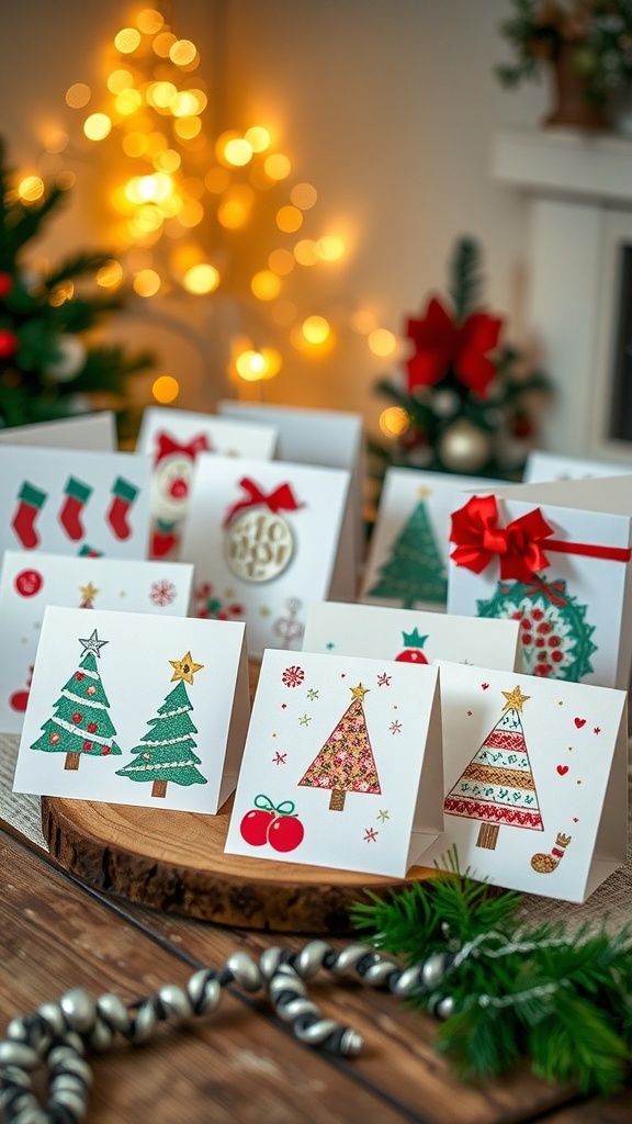 Handmade Christmas cards with festive designs on a wooden table, decorated with lights.